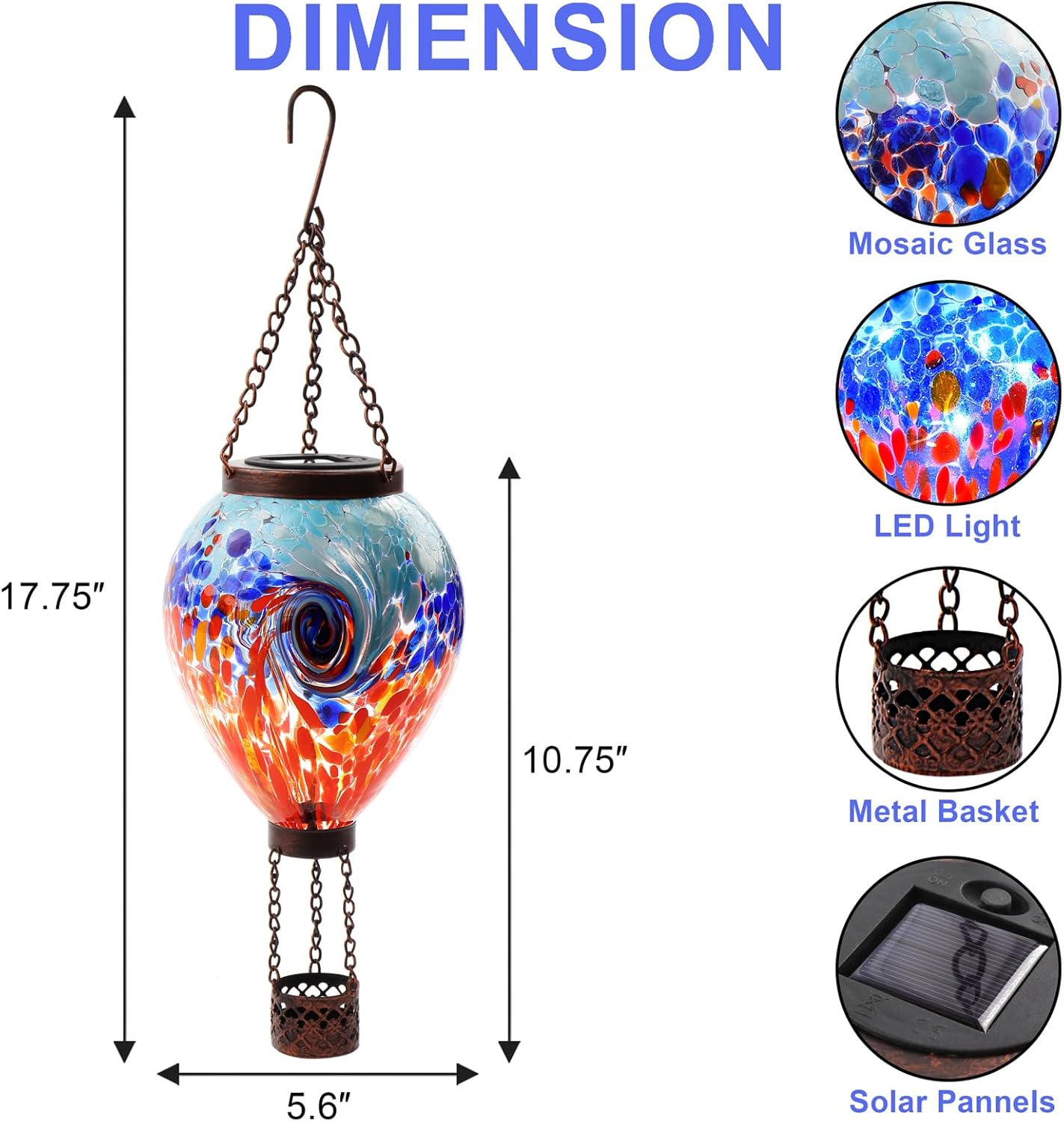 VOREEN Solar Hot Air Balloon Light – Handblown Colored Glass Outdoor Hanging Lantern for Garden, Patio, Balcony Decor – Waterproof, Fade-Resistant LED Light, Gift for Mom Wife Friend, Nature Lovers