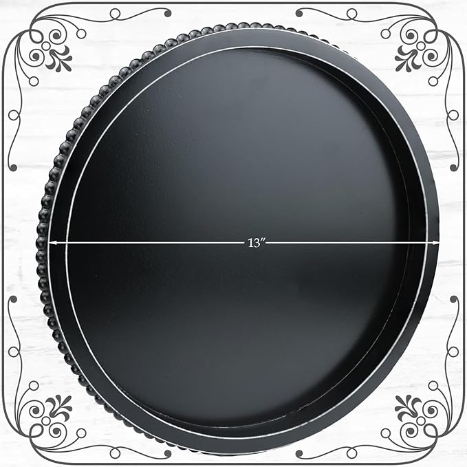 Round Black Wood Serving Tray with Beads, Wooden Decorative Tray for Entertaining, Decoration, and Gifting,