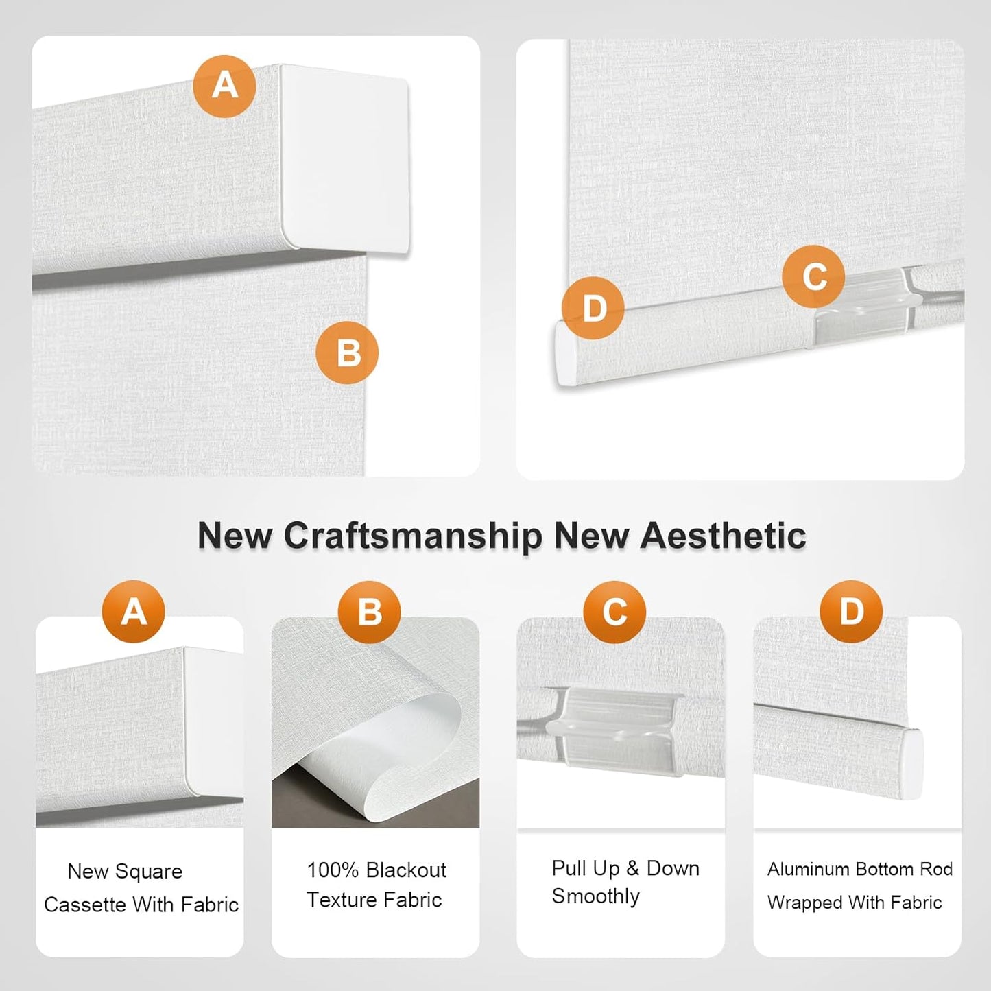 Persilux Blackout Roller Shades & Blinds Windows Shades Free-Stop with Jacquard Fabric, Cordless Blinds Pull Down Shades for Home, Easy to Install for Door/Office, White (72" W x 84" H)