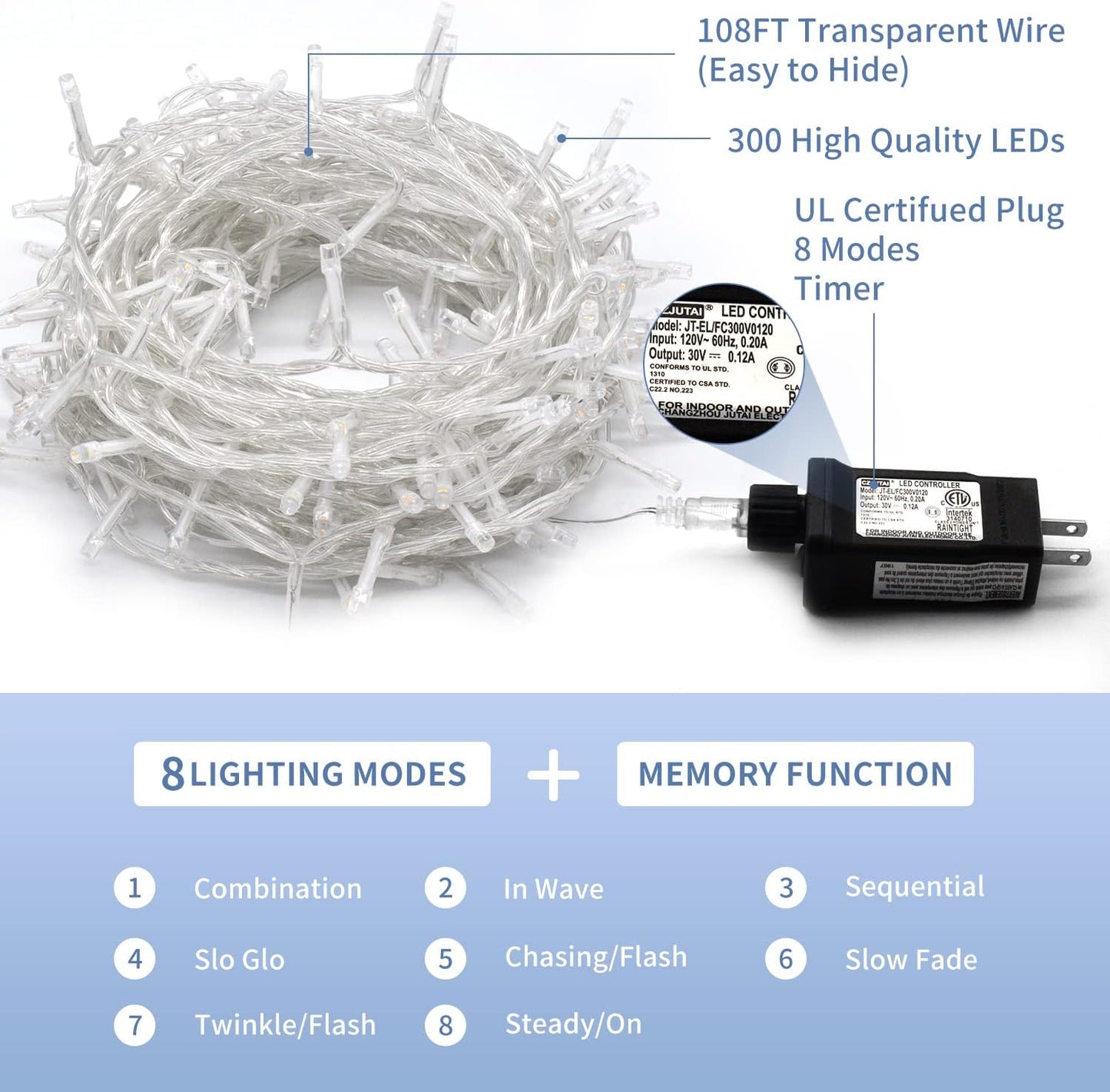 JMEXSUSS 300 LED Christmas Lights Clear Wire, 8 Modes White Christmas String Lights for Tree, Christmas Tree Lights Indoor Outdoor Plug in for Party Wedding Christmas Decorations