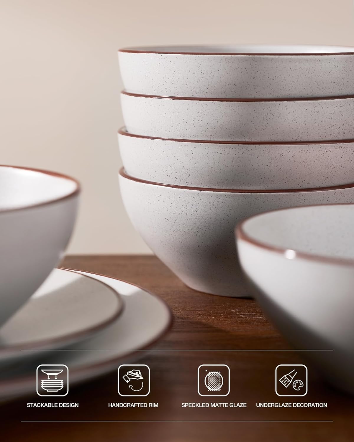 Famiware Venus Ceramic Plates and Bowls Sets, Speckled Dinnerware Dish Sets for 8 (24 Pieces) - Microwave and Dishwasher Safe, Matte Light Grey