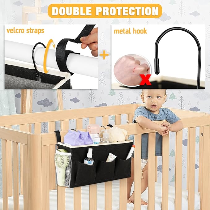 Bedside Caddy Bedside Organizer Bedside Storage Caddy with Fixed Straps and Water Bottle Holder for Home College Dorm Bunk Bed Hospital Bed Crib Bed Rails (Black)