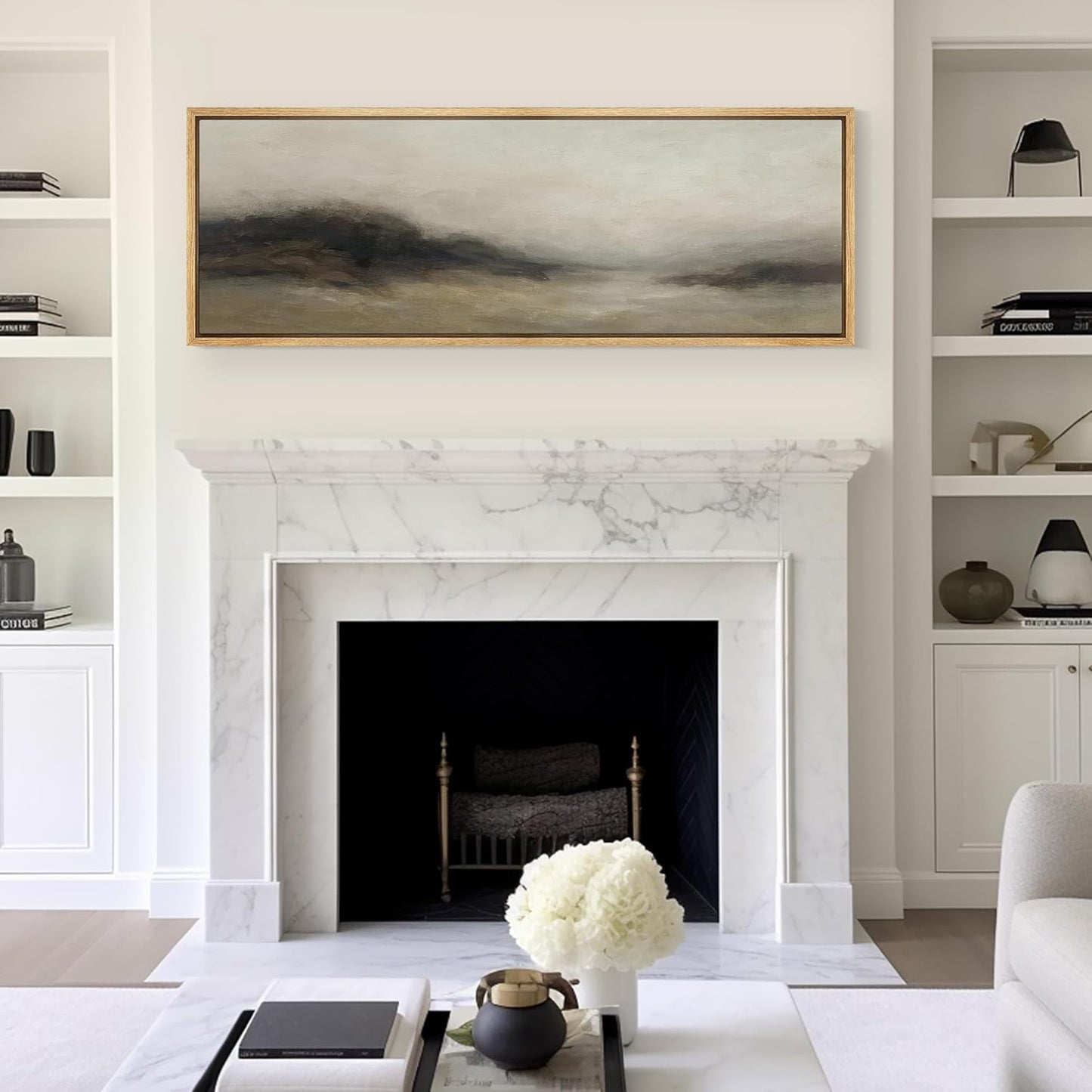 MUDECOR Large Framed Canvas Print Wall Art Foggy Mountain Horizon Landscape Neutral Tones Abstract Illustrations Decorative Colorful for Bedroom - 60"x20"