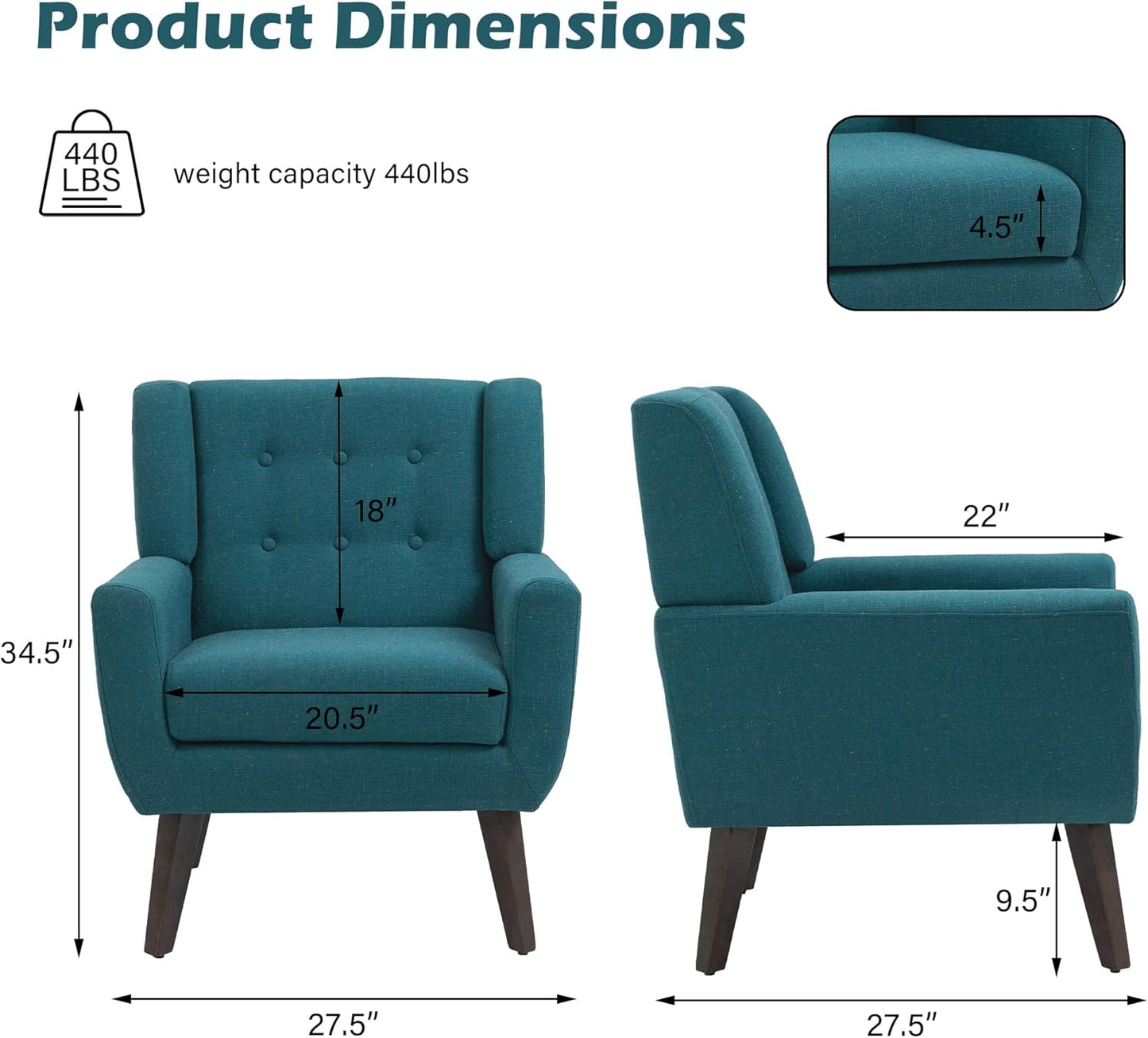 UIXE Accent Chair, Modern Upholstered Armchair in Fabric for Living Room, Comfy Club Arm Chairs Single Sofa Button Tufted Bedroom Reading Seat - Turquoise Blue, Set of 2