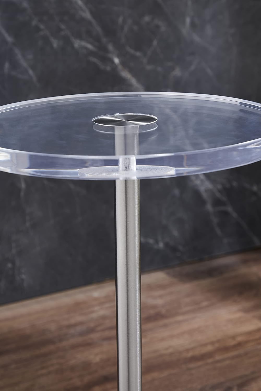 Clear Acrylic End Table,Side Table,Brushed Silver Metal,Round,for Office, Living Room and Bedroom,Easy Assembly,12x12 inch，21.3 inch high