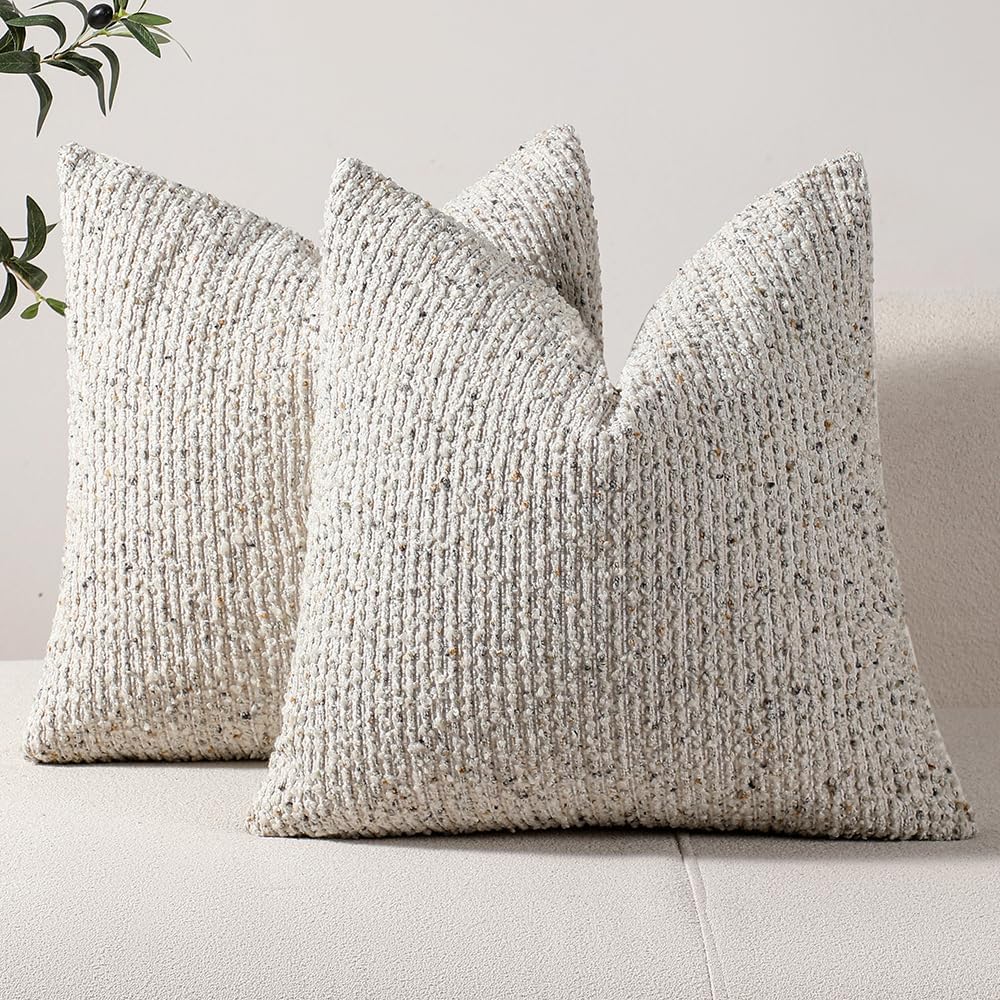 Striped Throw Pillow Covers 18x18 Set of 2 Cream Grey Textured Boucle Chic Morden Boho Accent Farmhouse Square Decorative Couch Pillow Covers for Home Decor Bed Sofa Living Room