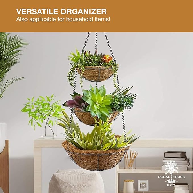 REGAL TRUNK & CO. 3 Tier Hanging Fruit Basket, Farmhouse Wire Basket, Three Tier Fruit Basket for Kitchen for Vegetables, Bread & More, Metal Chain, Hanging Hook and Detachable Round Wire Baskets