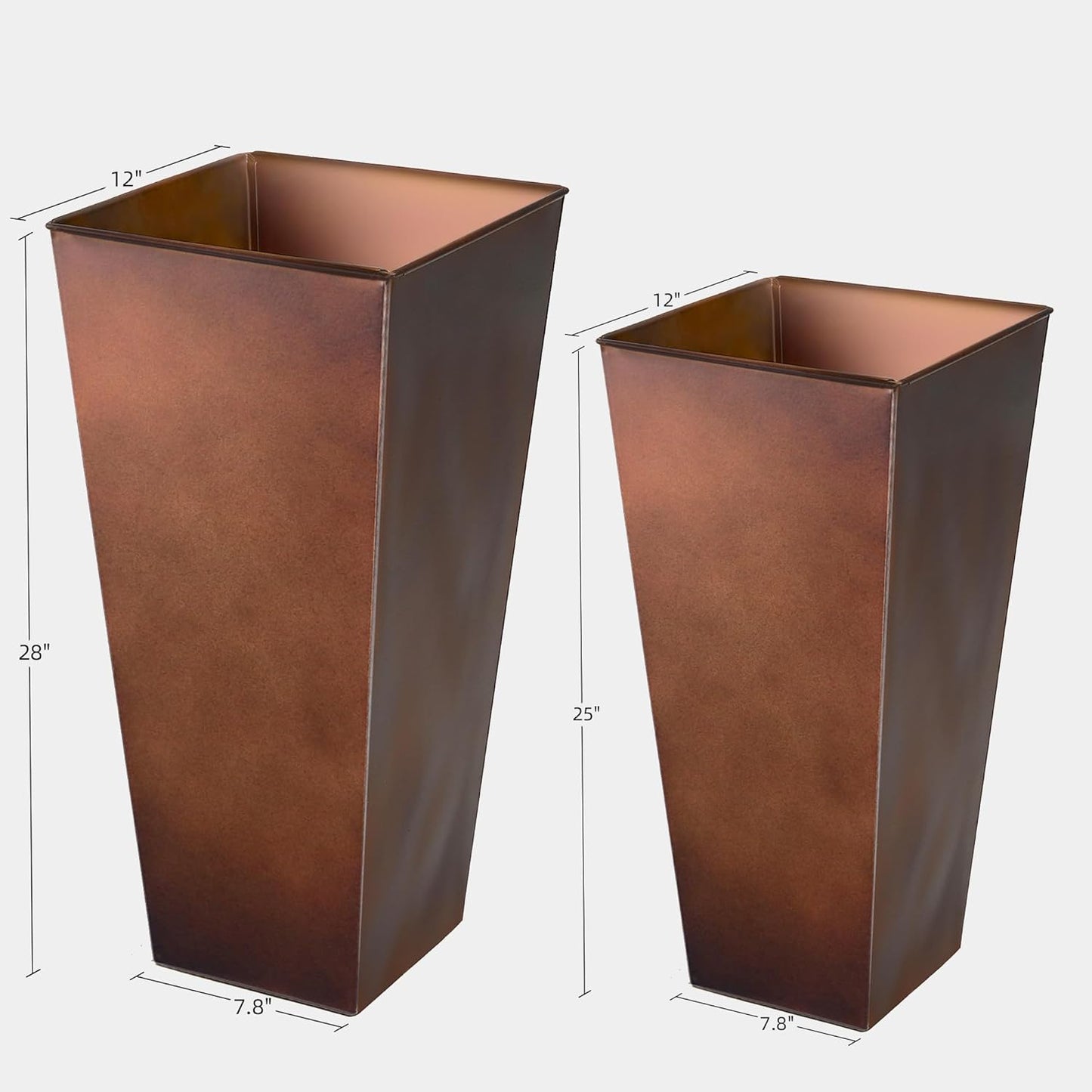 KOL 25'' & 28'' Tall Galvanized Steel Planter with Saucer, Metal Planter Pots for Indoor & Outdoor Use, Decorative Flower Plant Pots with Drainage Hole for Front Porch, Patio, Deck - Rust Color