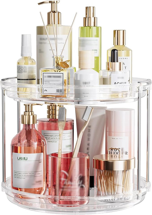 LAMU 10.6in Rotating Makeup Organizer for Vanity, 2 Tier Lazy Susan Turntable Stackable Spinning Skincare Organizer Cosmetic Perfume Tray for Bathroom Counter, Large Capacity, Clear