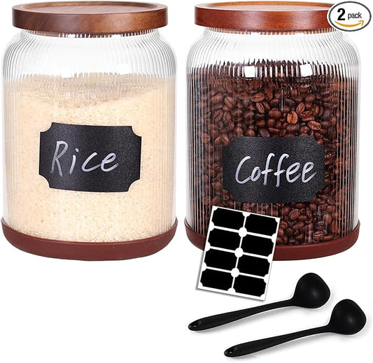 SAIOOL 2-Pack Striped Borosilicate Glass Airtight Canisters - Big mouth Large Capacity, Acacia Wood Lid, Food Storage Jars for Flour, Pasta, Pantry Organization (3/4 Gallon （2 Striped pack）)
