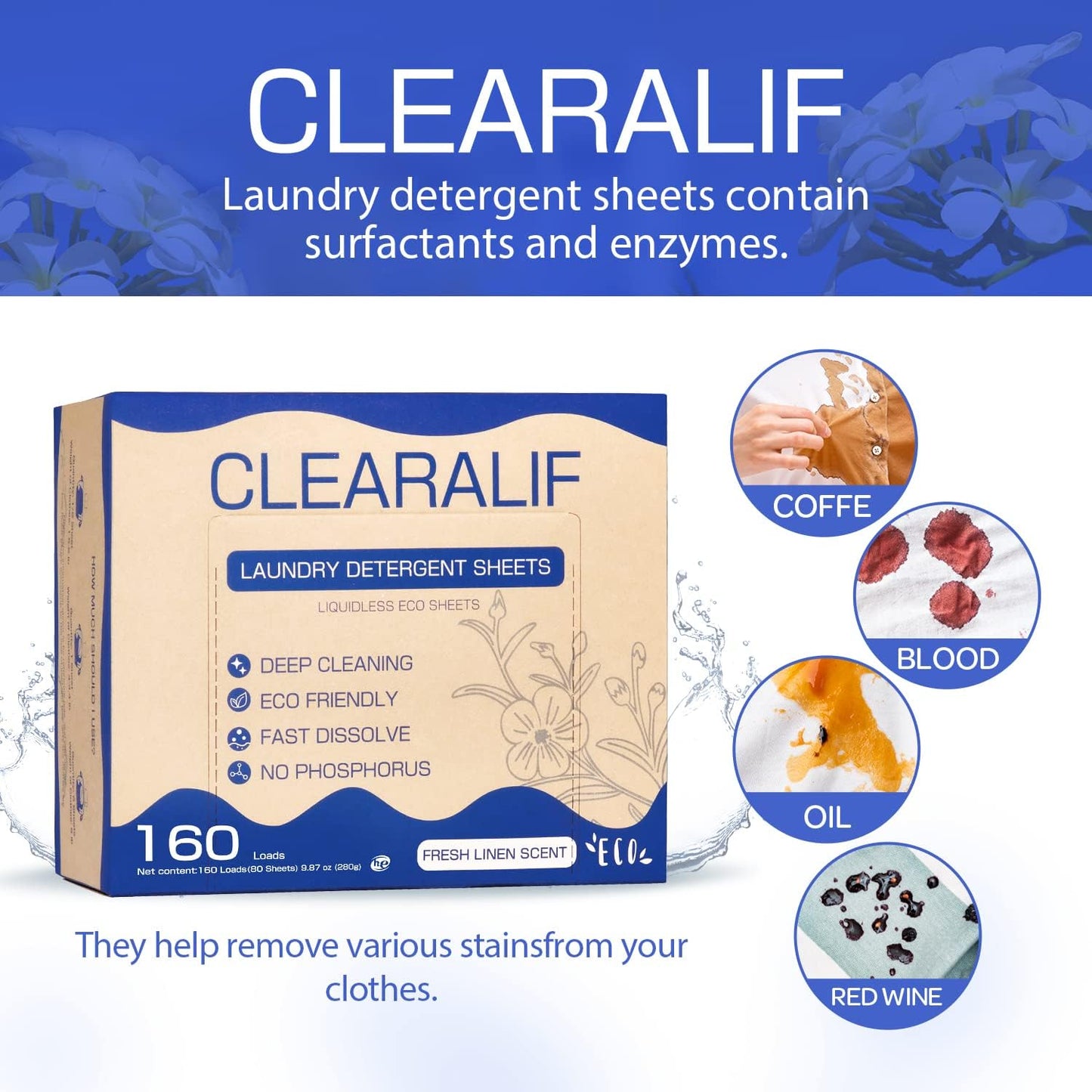 Laundry Detergent Sheets Up to 320 Loads, Fresh Linen - Great For Travel,Apartments, Dorms,CLEARALIF Laundry Detergent Strips Eco Friendly & Hypoallergenic (80 Sheets, Pack of 2)