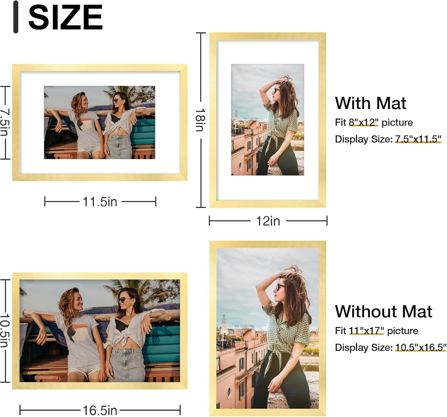 Vittanly 11x17 Picture Frames Set of 9, Shatter Resistant Plexiglass, Display 8x12 Pictures with Mat or 11x17 without Mat, Photo Frames for Wall Mount, Engineered Wood, Gold