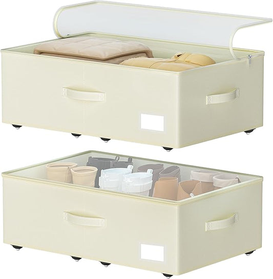 Under Bed Storage with Wheels, No Assemble Required 10 inches height Under Bed Storage bins,Large capacity Rolling Under bed Shoe Storage containers，dorm under bed storage drawers