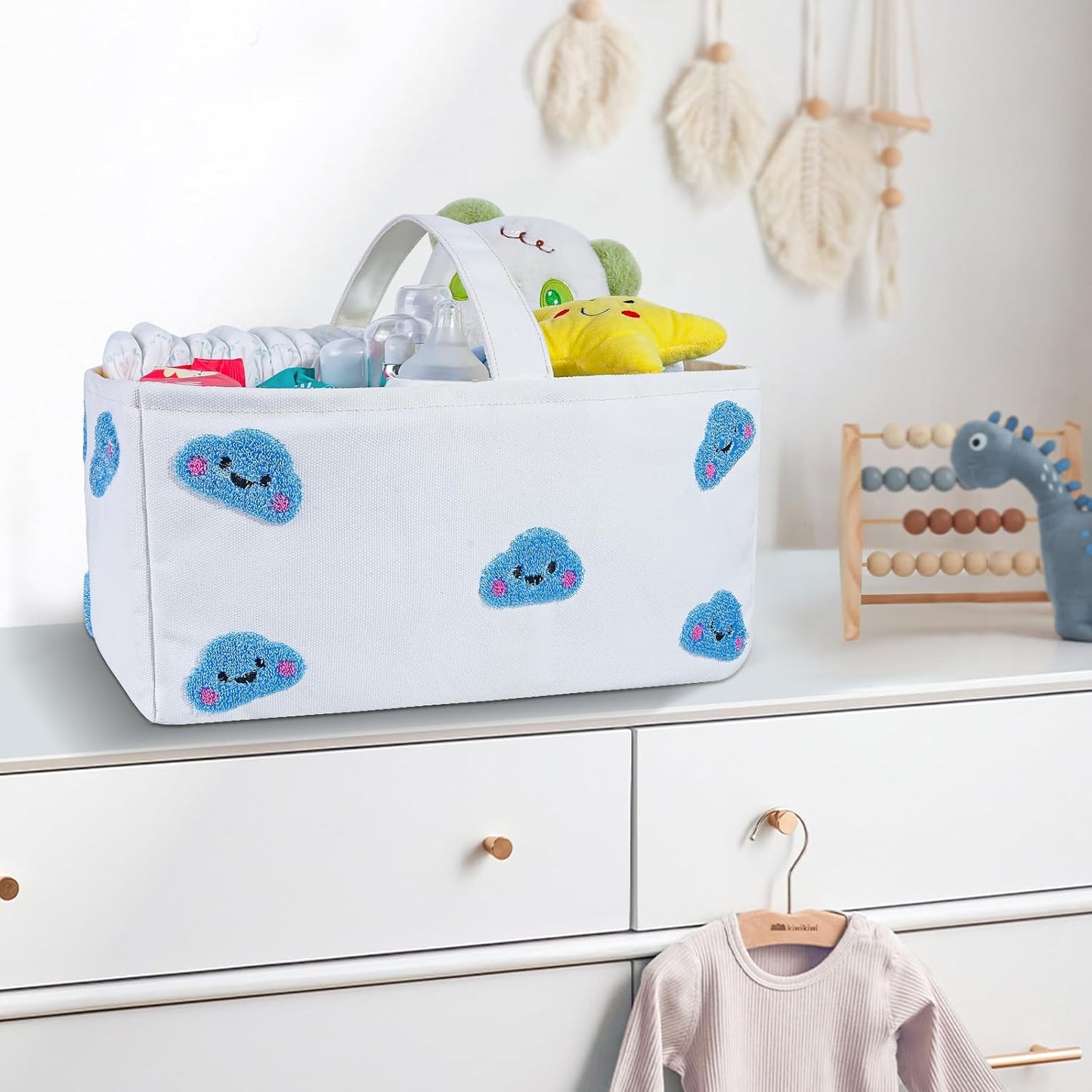 Baby Diaper Caddy Organizer with Handle - Durable Canvas Storage Basket with Cloud Embroidery, Portable Nursery Organizer for Newborn Essentials, Diaper Travel Bag, Baby Shower Basket-Blue