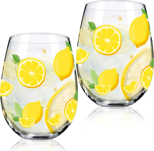 Sliner 2 Pack Lemon Stemless Wine Glasses 17oz Lemon Drinking Glasses Clear Stemless Wine Tumbler Unique Gift for Wedding, Mother's Day Birthday Drinking Party