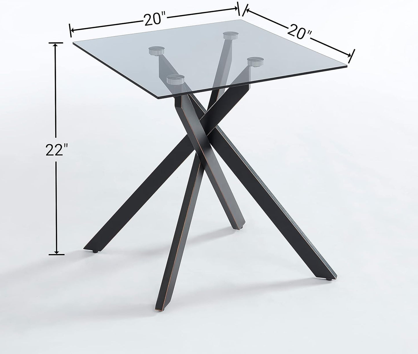 Modern Style Square Side Table with Grey Tempered Glass Top and Black Metal Tubular Legs with Gold Rim 20”Dx20”Wx22”H