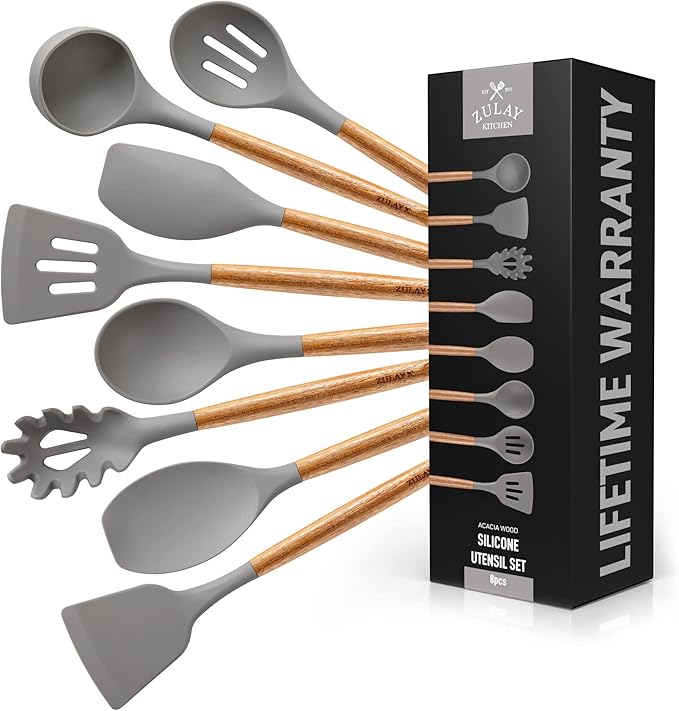 Zulay Kitchen Utensils Set Non-Stick Silicone Cooking Utensils Set with Authentic Acacia Wood Handles - 8 Piece Set - Silicone Kitchen Utensils Set with 464°F Heat Resistance - Gray