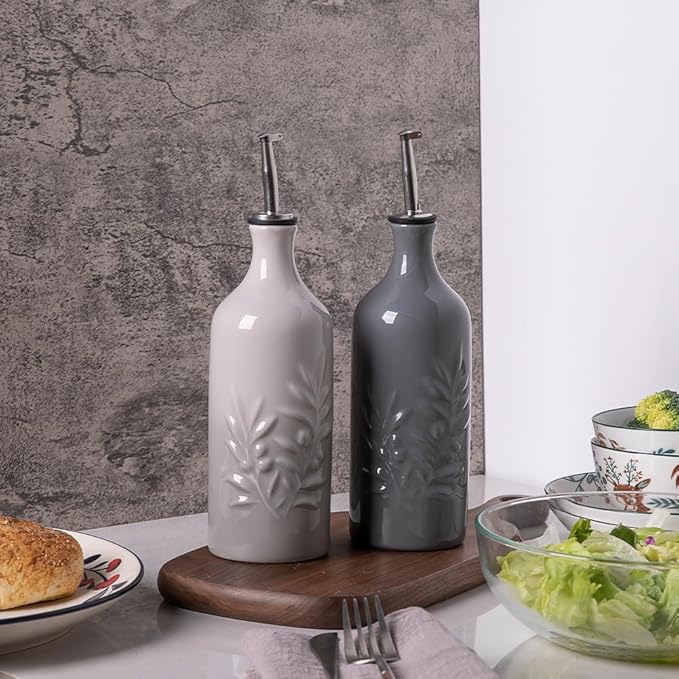 Sweejar Ceramic Olive Oil Dispenser Bottle, 20 Oz Relief Opaque Oil Cruet Protects Oil To Reduce Oxidation, Storage Vinegar, Soy Sauce, Coffee Syrup, Liquids, Set of 1 (Gradient Fog Gray)