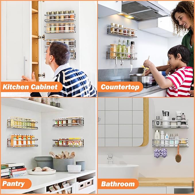 Spice Rack wall mounted 4 Pack, Space-Saving Spice Organizer for Spice Jars and Seasonings,Screw or Adhesive Hanging Spice Rack Organizer for Your Kitchen Cabinet,or Pantry Door,Chrome