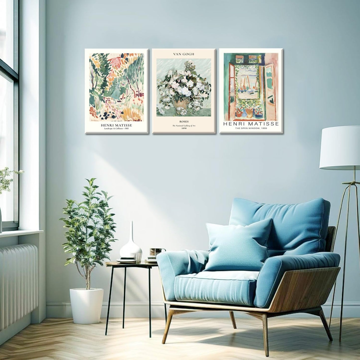Framed Sage Green Matisse Wall Art Set of 3 Vintage Vin Gogh Flower Market Posters Retro Open Window Canvas Prints Abstract Aesthetic Artwork Painting Picture Decor for Living Room Bedroom 16x24in