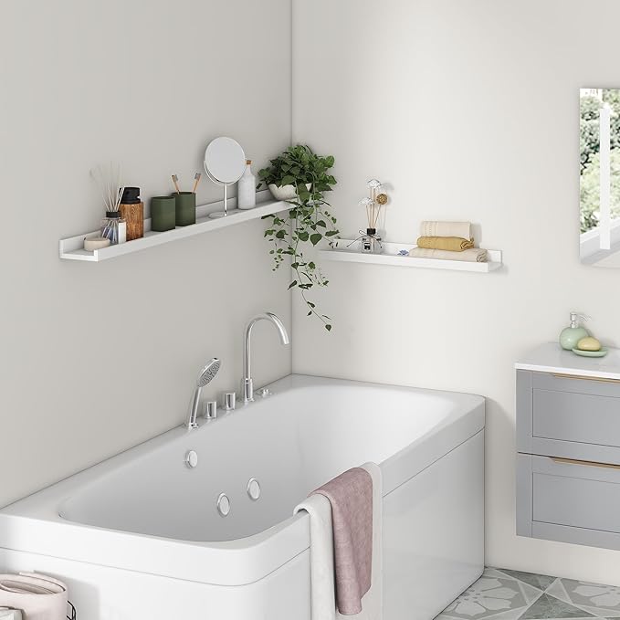 Picture Ledge Shelf, Floating Shelves Set of 2, Solid Pine Wood 55'' Long Large Nursery Book Shelves for Toys Storage, Kids Bookshelf for Living Room Bedroom Decor Books Photo Frames, White