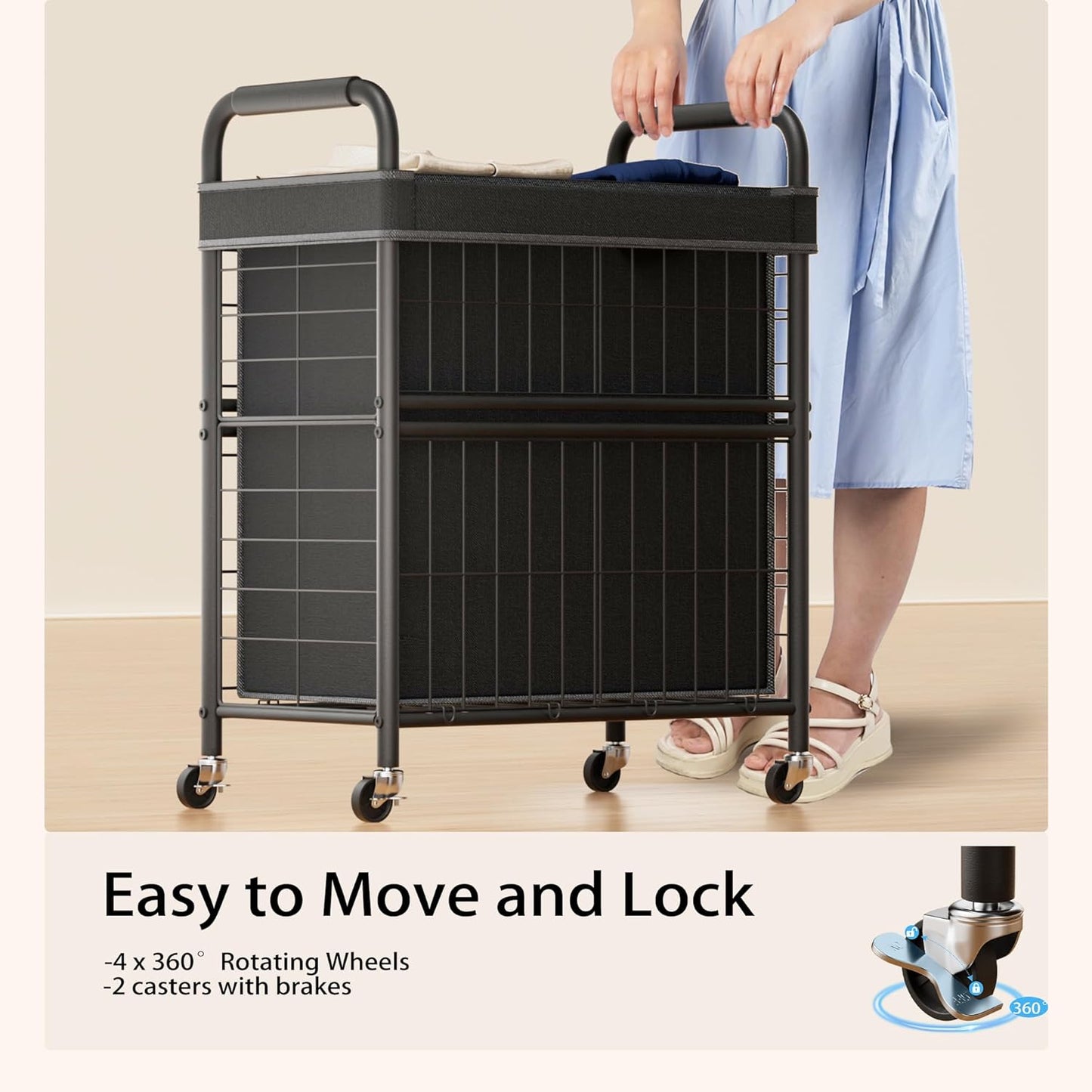 Laundry Hamper 2 Section, 110L Rolling Laundry Sorter Basket with Wheels, 2 Compartment Clothes Organizer Cart, Pull-Out Removable Bags for Laundry Room, Bathroom, Bedroom, Black