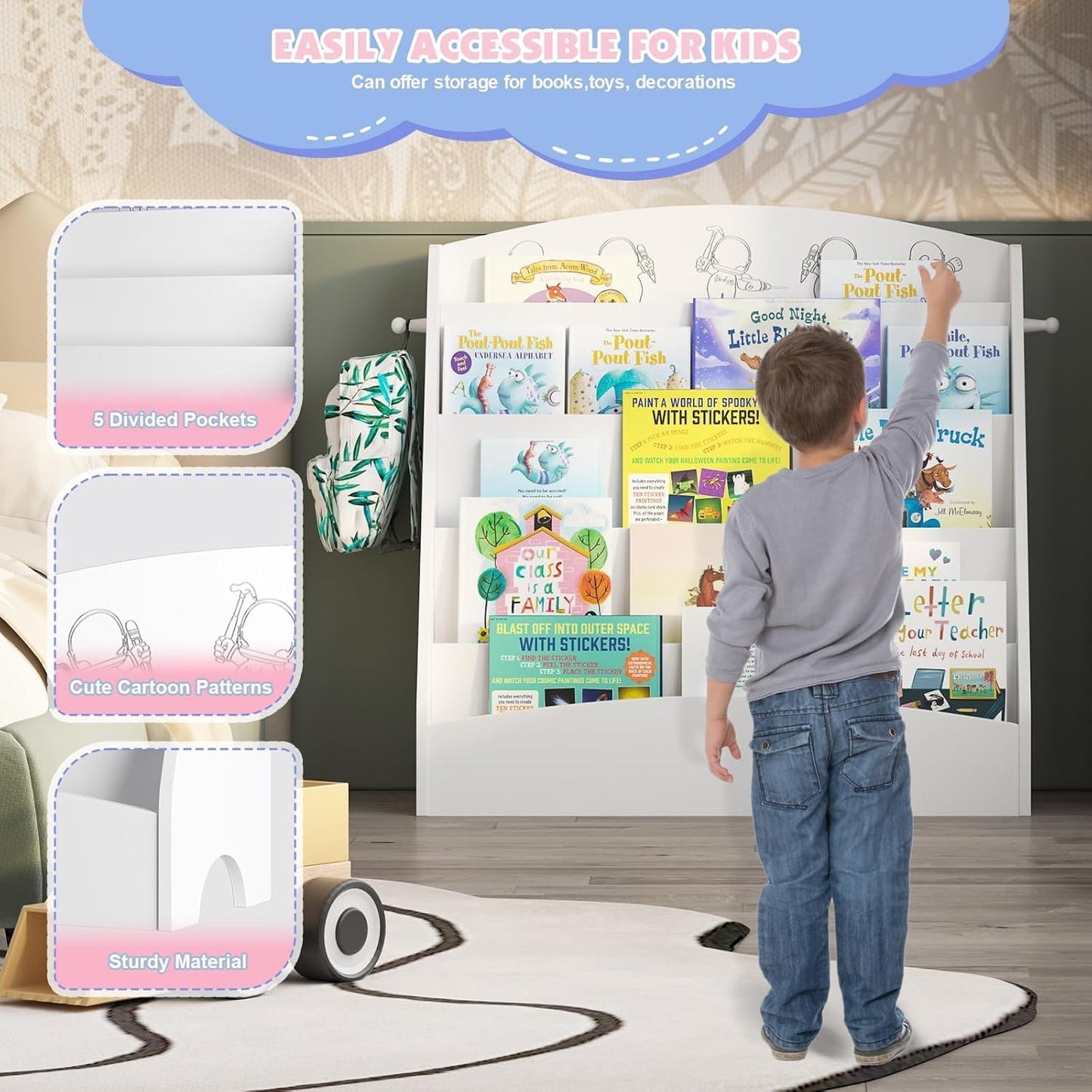 5-Tier Kids Bookshelf Montessori Toddler Book Rack Baby Bookcase Floor Front Facing Magazine Display Shelf for Bedroom Playroom Nursery Classroom Kindergarten Wood (White)