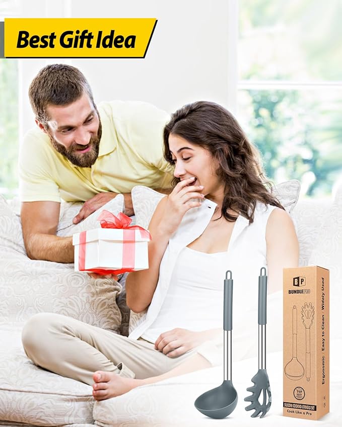 Silicone Pasta Fork and Ladle Spoon Set, Large Non Stick Kitchen Utensils for Cooking,Stirring,Serving Spaghetti, Soup, Sauce (GRAY)