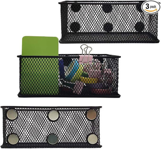 EASEPRES Magnetic Pencil Holder Set of 3 - Black Wire Mesh Storage Baskets Organizer with Strong Magnets - Perfect for Whiteboard, Refrigerator and Locker Accessories