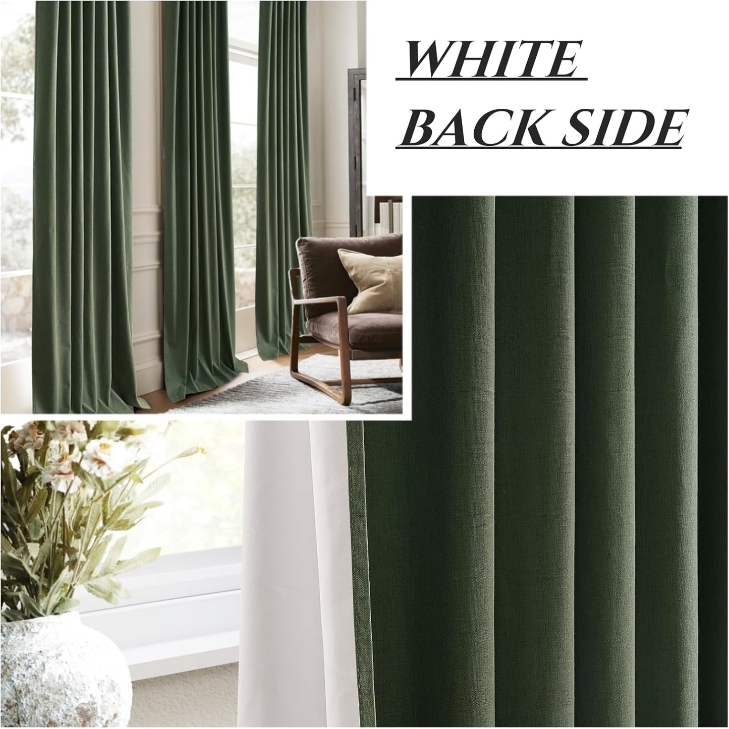 Pinch Pleated Curtains with Rings and Hooks Loden 102 Inch 8-1/2ft Tall Vintage Curtains for Bedroom Dark Olive Green Moody Drapes 100 Percent Blackout Noise Dampening Window Curtain Linen 2 Panels