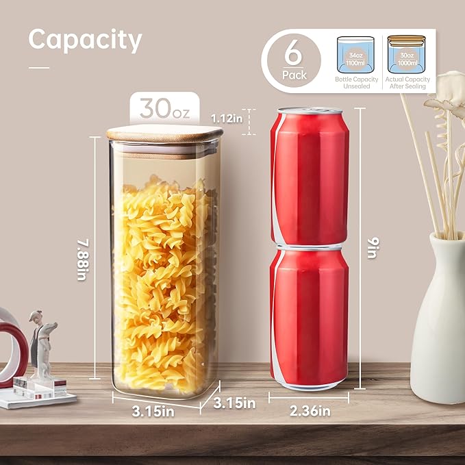 Square Glass Jars with Bamboo Lids 30 FL OZ [Set of 6], Glass Canisters with Airtight Lid, Glass Food Storage Container for Pasta, Flour, Sugar, Rice, Best for Kitchen & Pantry