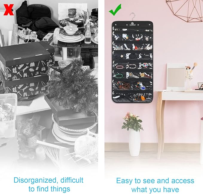 Freegrace Hanging Jewelry Organizer Revolving Hanger - Secure Zipper Closure - 25 Pockets,23 Hooks - Foldable Storage & Display Solution - for All Jewelry & Bijoux (Black)