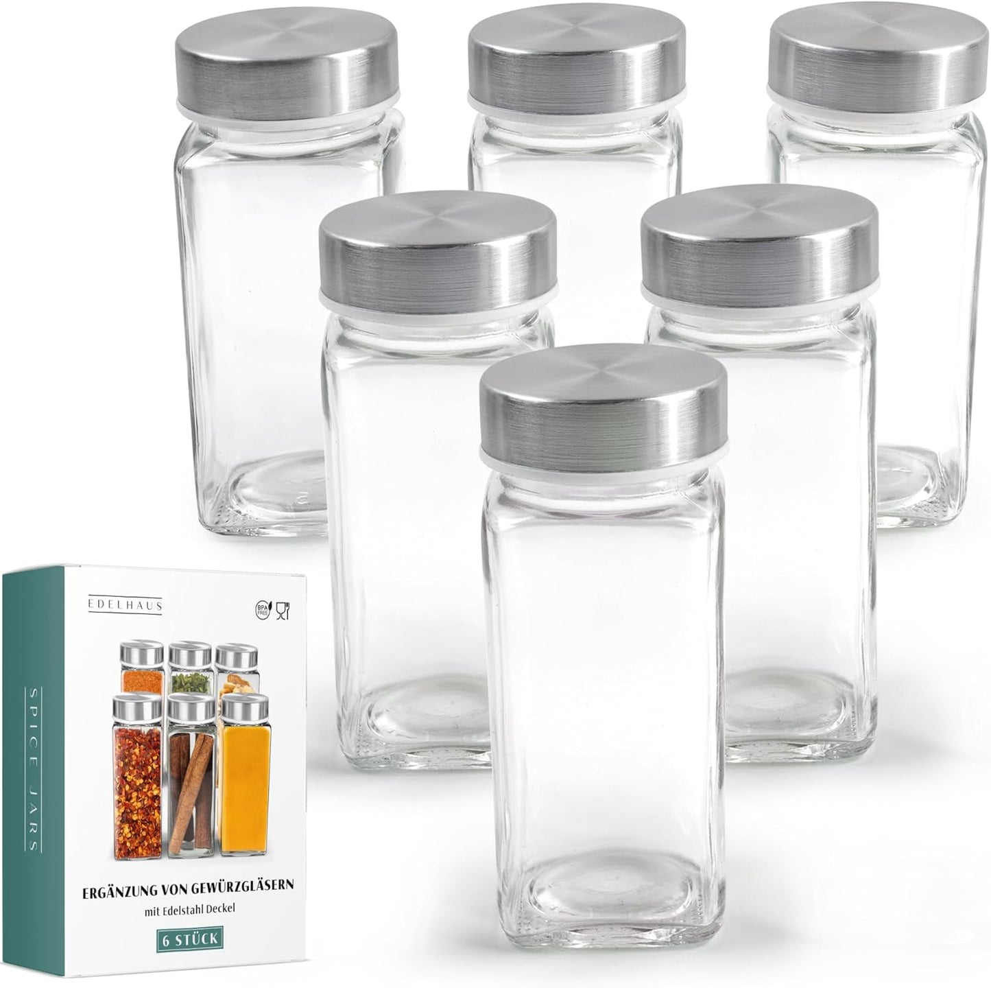 Glass Spice Jars and stainless Steel Lids (6 x 4oz) Spice Containers with Shaker Inserts - Add-On Pack Without Labels or Accessories
