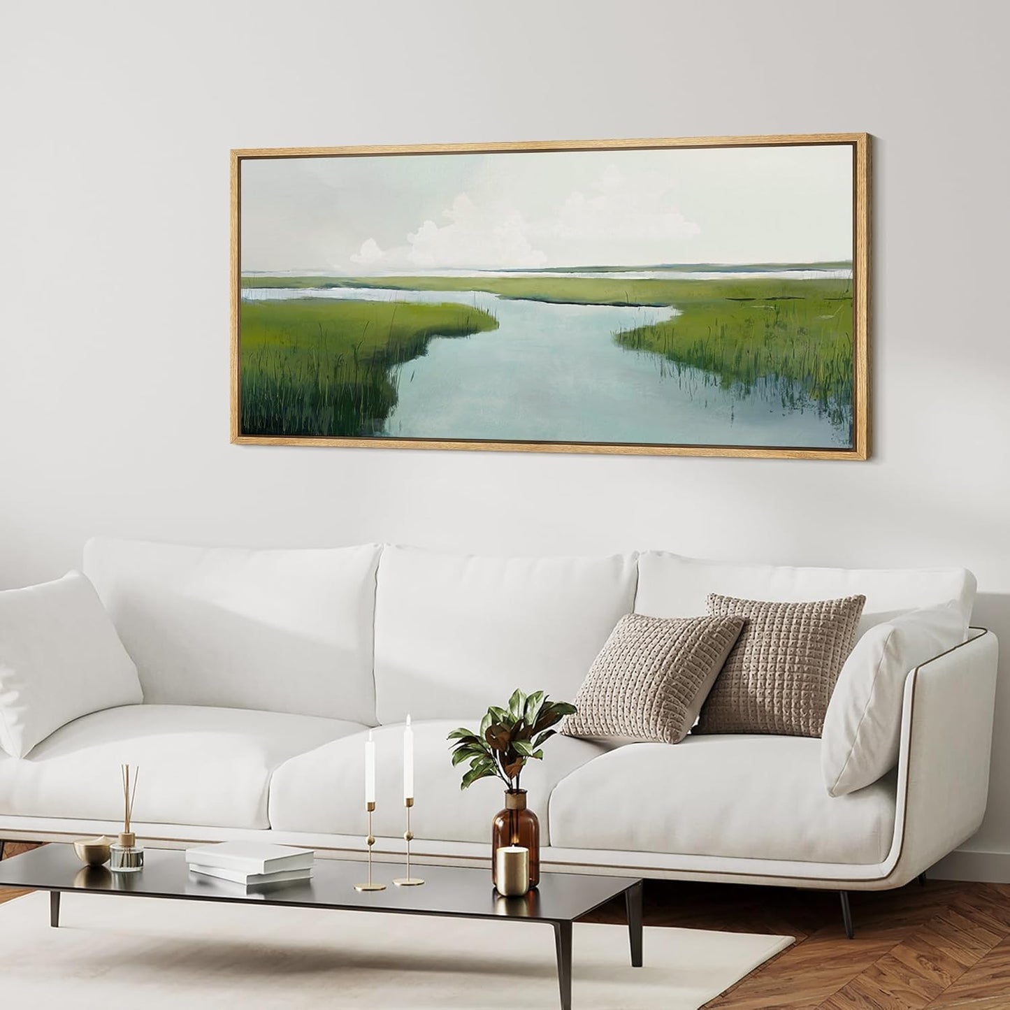 MUDECOR Extra Large Framed Canvas Print Wall Art Serene Marshland Landscape Green and Blue Peaceful Illustrations Antique Retro Fine Art Illustrations Decorative Colorful for Bedroom - 60"x30"