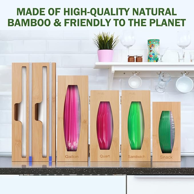 Individual Storage Bag Organizer for Kitchen Drawer, Bamboo with Foil and Plastic Wrap Organizer for Kitchen Organizers and Storage, for Gallon, Quart, Sandwich, Snack
