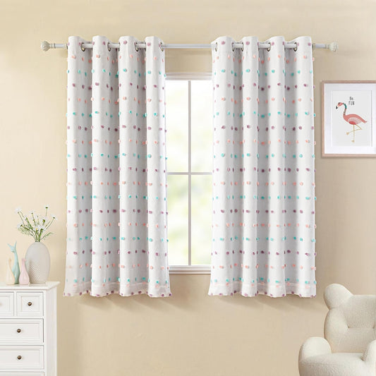 MYSKY HOME Total Blackout Curtains for Kids Bedroom Nursery Curtains 100% Light Block Doubled Curtains with Rainbow Pom Pom Sheer Window Drapes for Kitchen Room Darkening Grommet Set of 2, 52 x 54 in