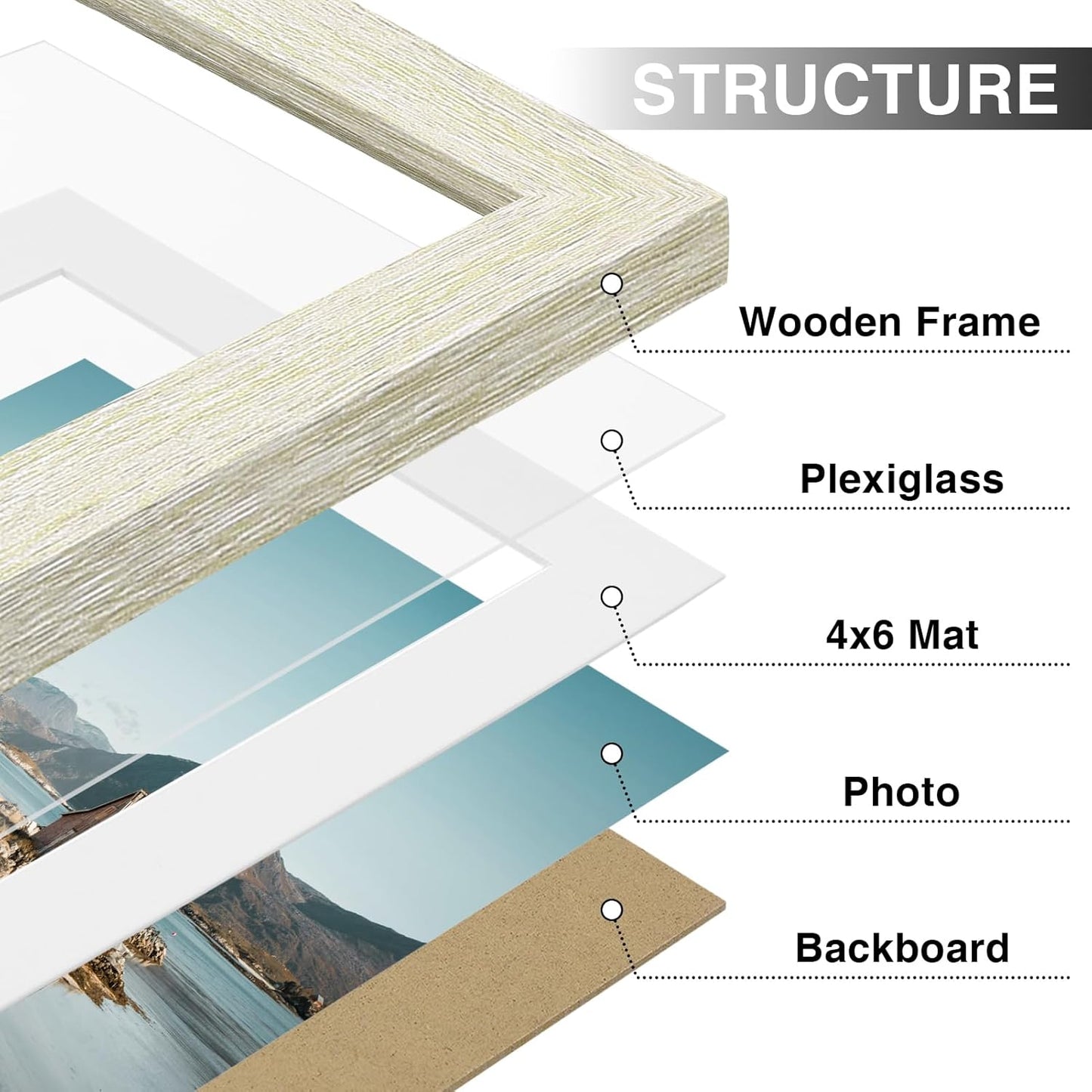 Vittanly 5x7 Picture Frames Set of 9, Shatter Resistant Plexiglass, Display 4x6 Pictures with Mat or 5x7 without Mat, Photo Frames for Wall or Tabletop, Engineered Wood, Cornsilk