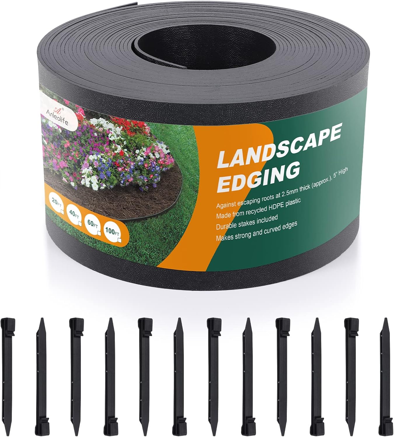 Black Plastic Garden Landscape Edging, 5” Tall Border Coil, Flexible and Strengthened with Anti-UV Treatment (60ft with 18pcs Stakes)