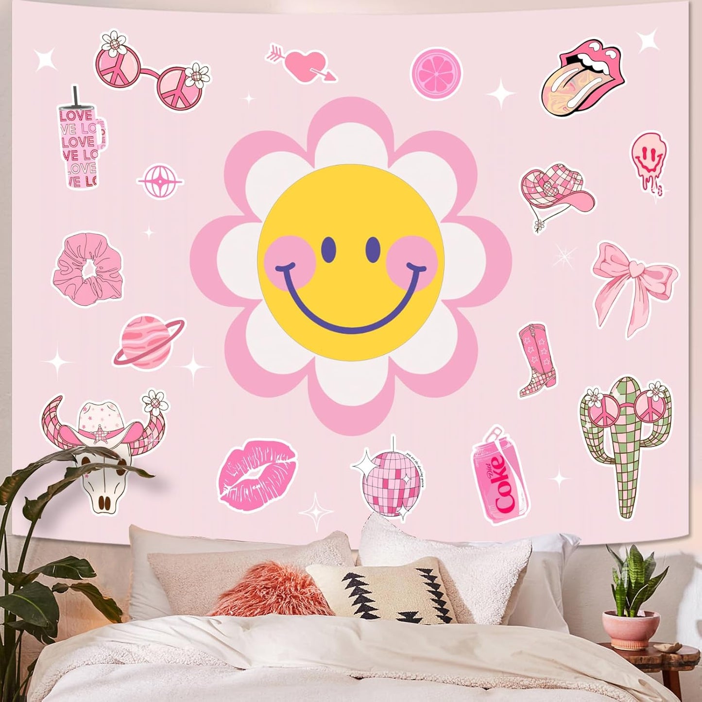 Lunerfex Y2K Tapestry Pink Sun Wall Tapestry, Cute Tapestries for Bedroom Funny Tapestries Wall Hanging for Bedroom Living Room Decor Pink-7 44"x60"
