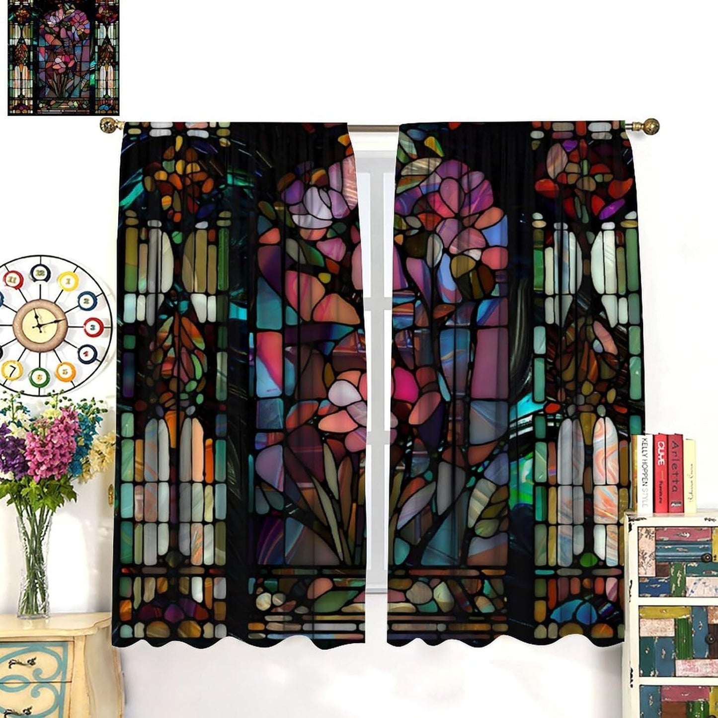 Stained Glass Curtains,Vintage Colorful Abstract Art Home Decor Drapes for Bedroom Living Room Kitchen Window Treatment 2 Panels Set Total Size 42" W X 54" L Inch