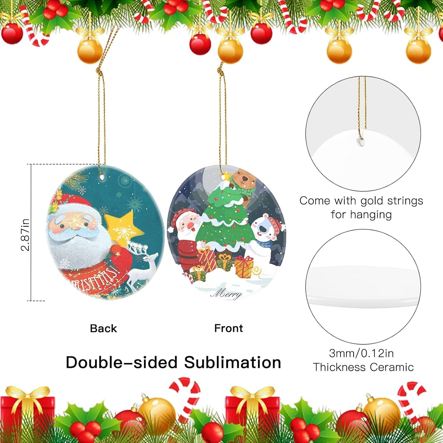 Sublimation Ornament Blanks Bulk 2.83 Inch Round Blank Ornament Discs with Gold String for Crafting DIY Personalized Xmas Tree Keepsake Crafts Gift 10 Pieces