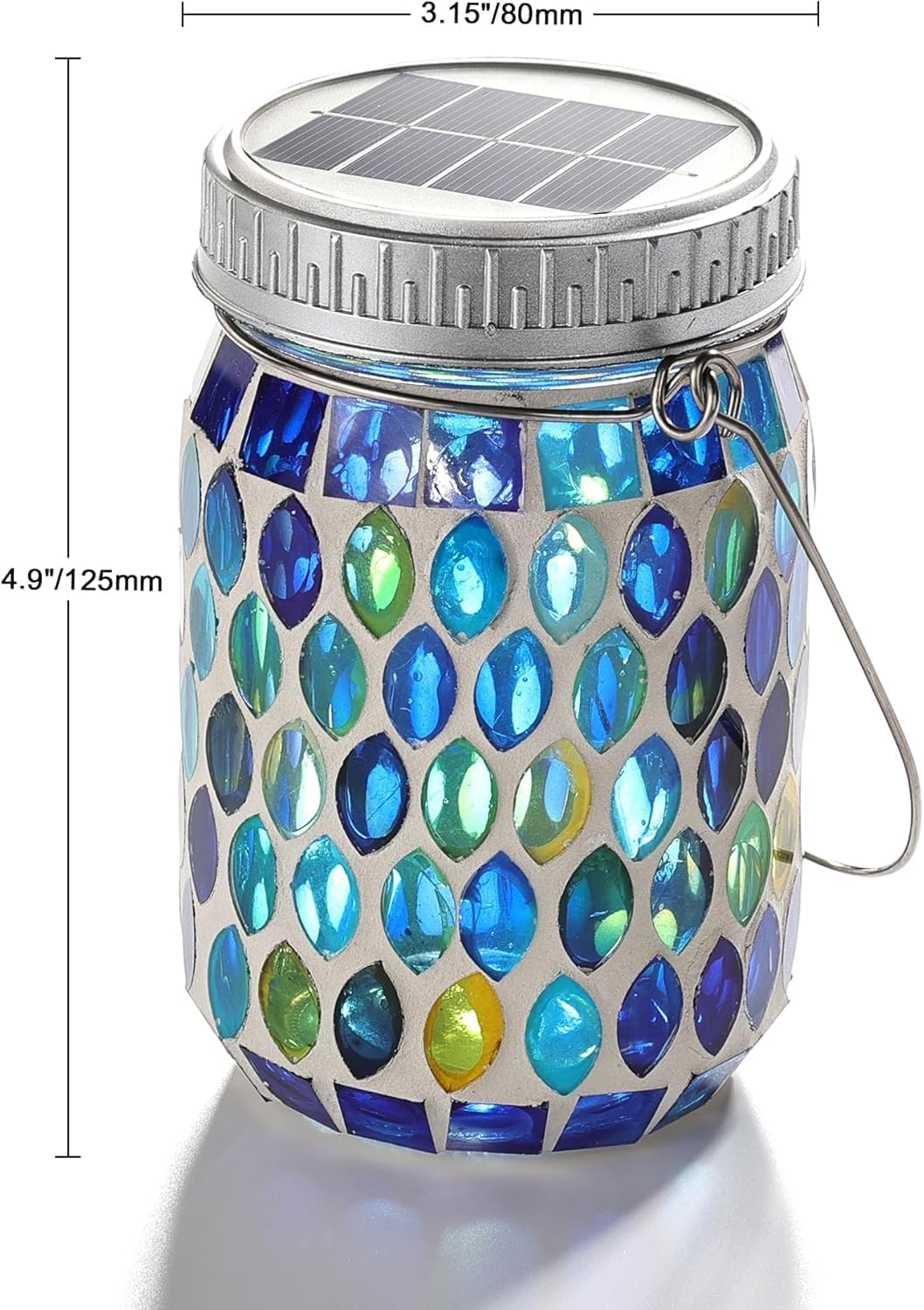 Cooo 2 Pack Mosaic Lanterns Outdoor Waterproof with 215% Larger Solar Panel, Never Rust Lids, True Capacity Battery- Solar Mason Mosaics Jar Lantern for Patio Garden Yard Balcony Hanging or Table