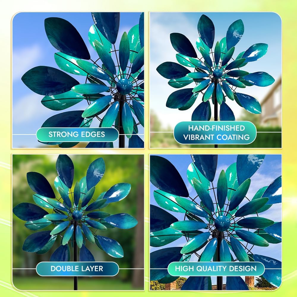 Large Wind Spinners - Decorative Garden Whirligigs - Durable Metal Flower Art - Ideal for Yard Decor and Gifts - Outdoor Accessories - Designed for Patios & Landscapes Blue 24"W x 84"H