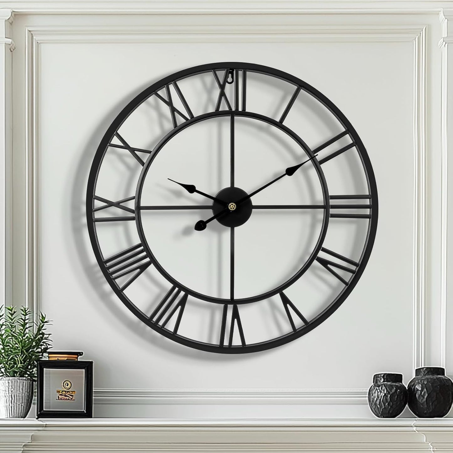 Tatub 24 Inch Large Wall Clock for Living Room Decor, Roman Numeral Modern Round Decorative Metal Large Wall Clock for Bedroom and Kitchen, Silent, Non Ticking, Battery Operated