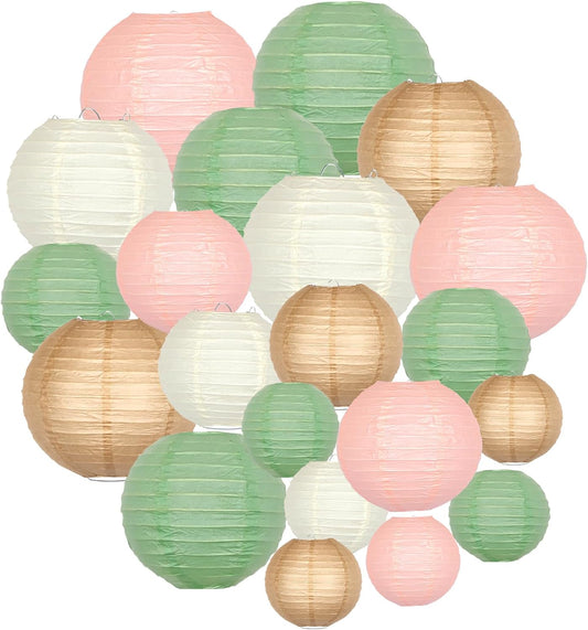 ADLKGG Paper Lanterns Party Decorative, Round Hanging Paper Lanterns Wedding Decorations for Sage Green Bridal Shower Birthday Rustic Party Neutral Baby Shower Home Decor Sage Green/Pink/Brown 21pcs