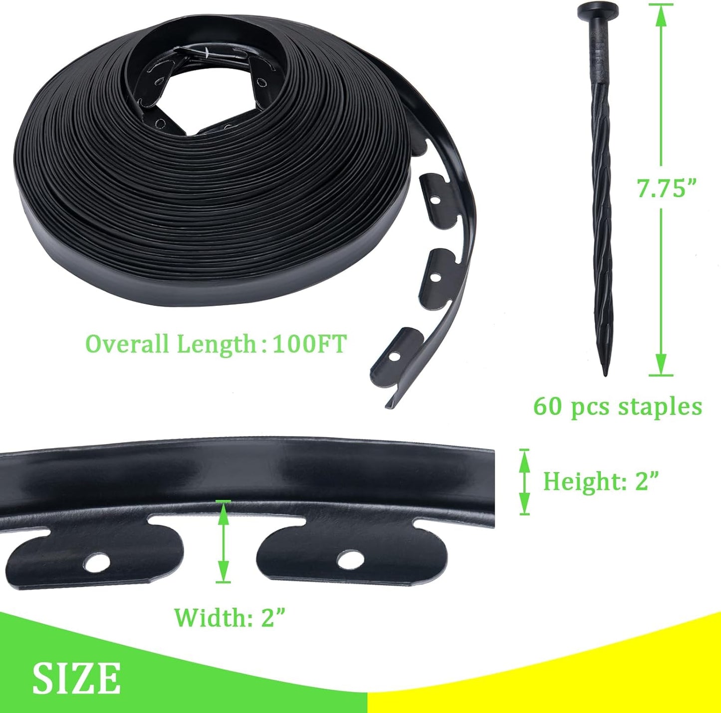 Landscape Edging 2 Inch Tall 100 FT, Garden Edging Border with 5 Pcs Connectors and 60 Pcs Anchoring Spikes for Garden Flower Beds Yard Lawn