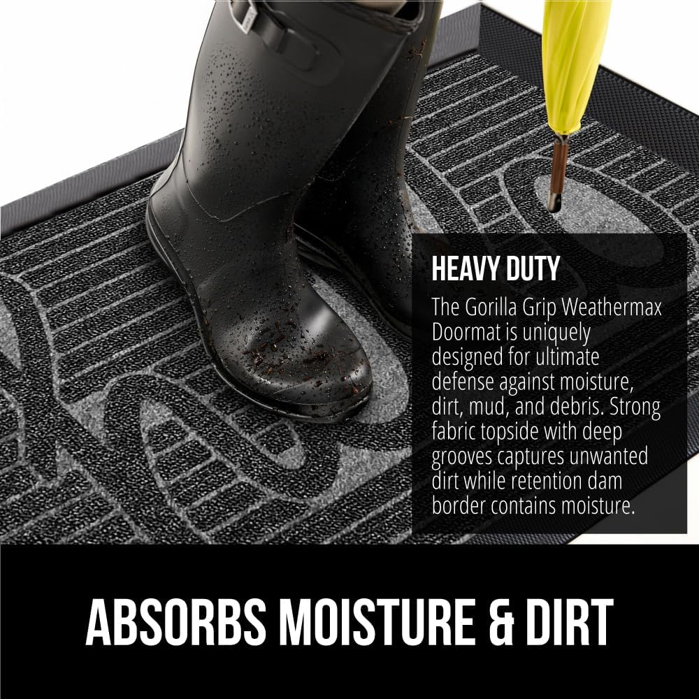 GORILLA GRIP 100% Waterproof All-Season WeatherMax Doormat, US Designed Natural Rubber, Stain and Fade Resistant, Low Profile Indoor Outdoor Door Mats, Easy Clean Patio Mat, 17x29, Charcoal Hello