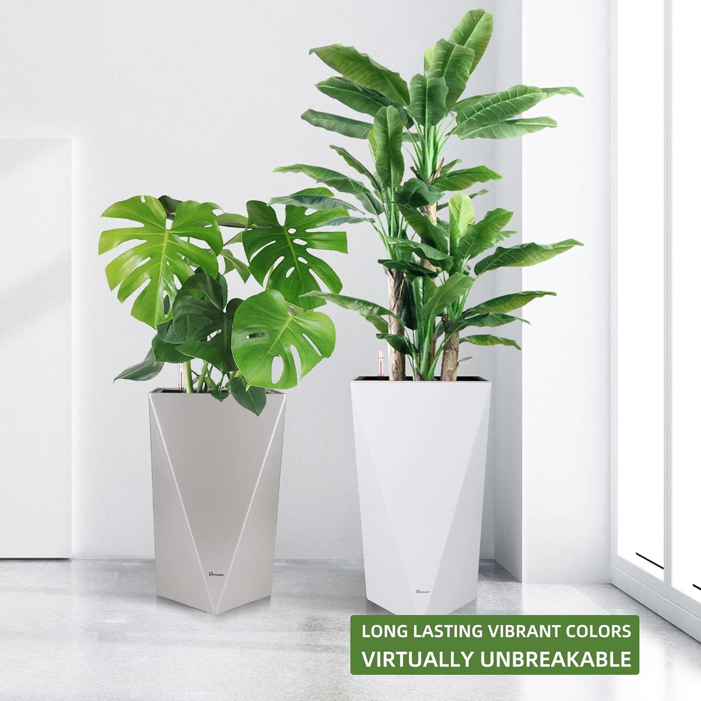 Dexceder 24 Inches Tall Self Watering Planter Diamond High Gloss Indoor Outdoor, Thickened Rhombus Large Floor Standing Flower Plant Pot with Water Level Indicator (White)