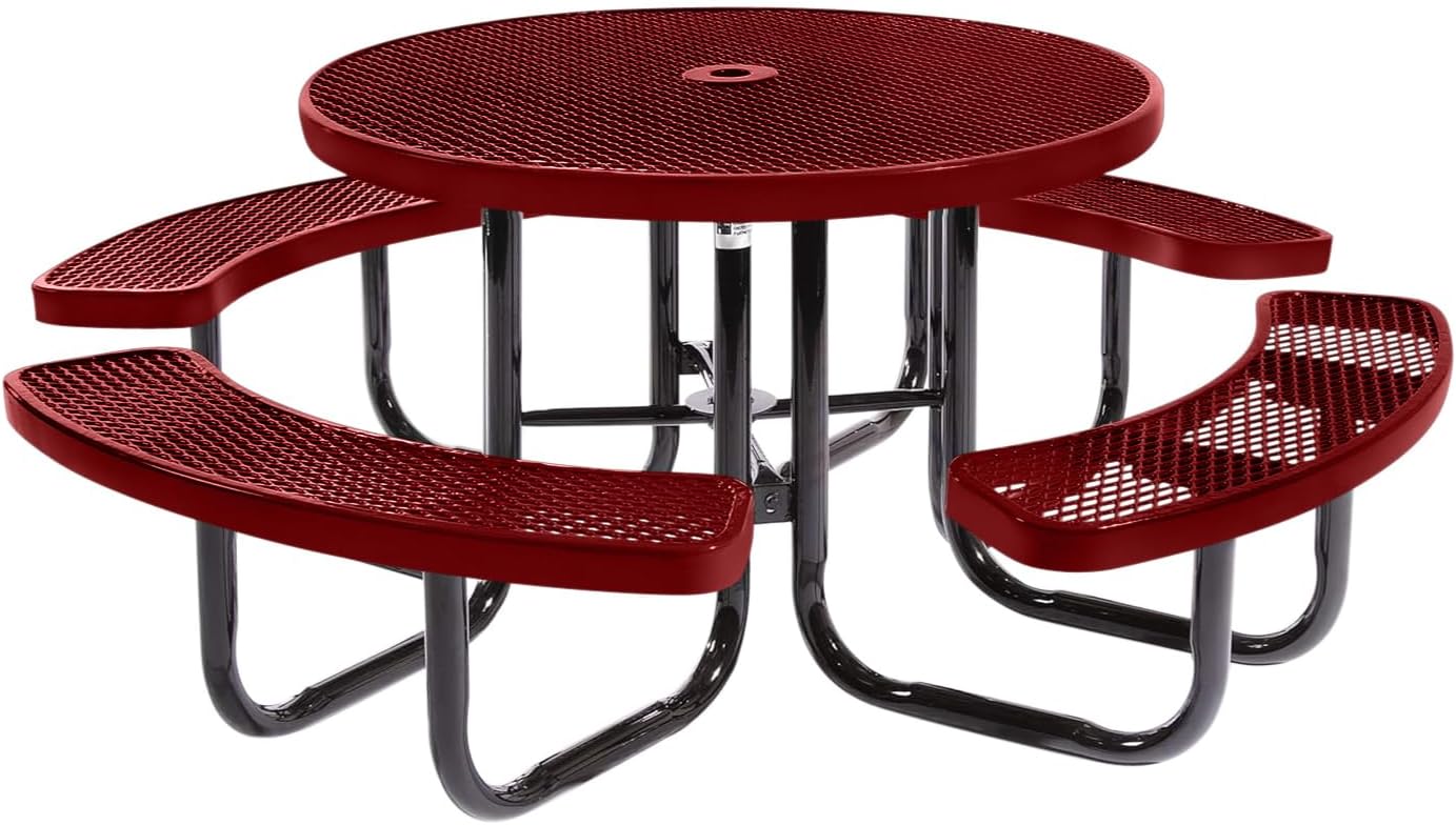 Coated Outdoor Furniture Heavy-Duty Portable Outdoor Picnic Table with Umbrella Hole, Expanded Metal Commercial-Grade Patio Dining Furniture Made in America (46" Round Top, Textured Burgundy)