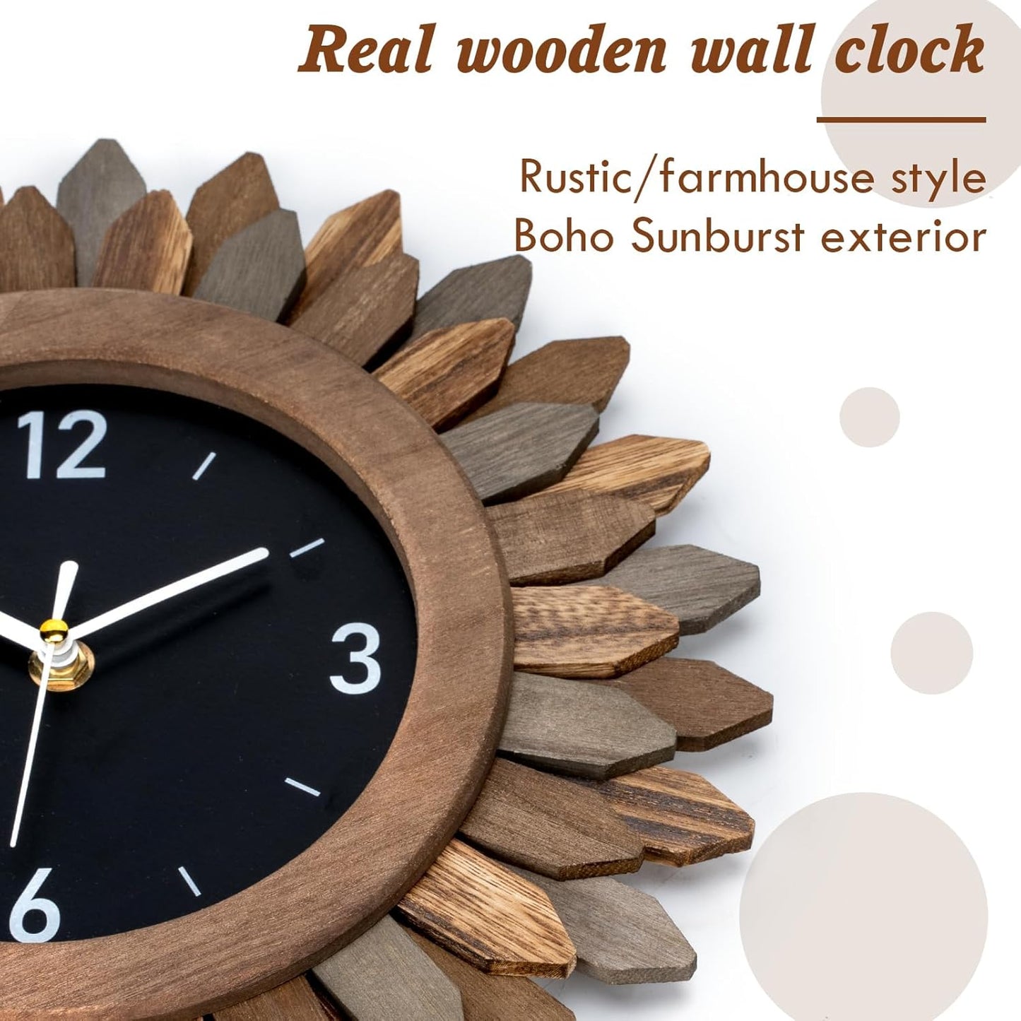 Honiway Wall Clock Battery Operated 12 in Rustic Wood Boho Sunburst Decorative Wall Clock Silent Non Ticking Farmhouse Small Wall Clocks for Living Room Kitchen Bathroom Bedroom Decor (Tricolor)